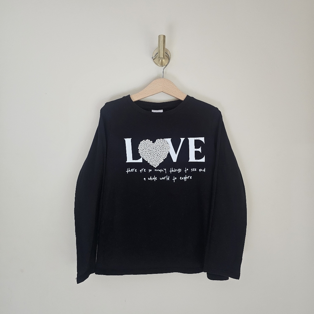 Zara Kids Black Long Sleeve Shirt, Graphic Embellished Pearl Top Size 8-9 Years